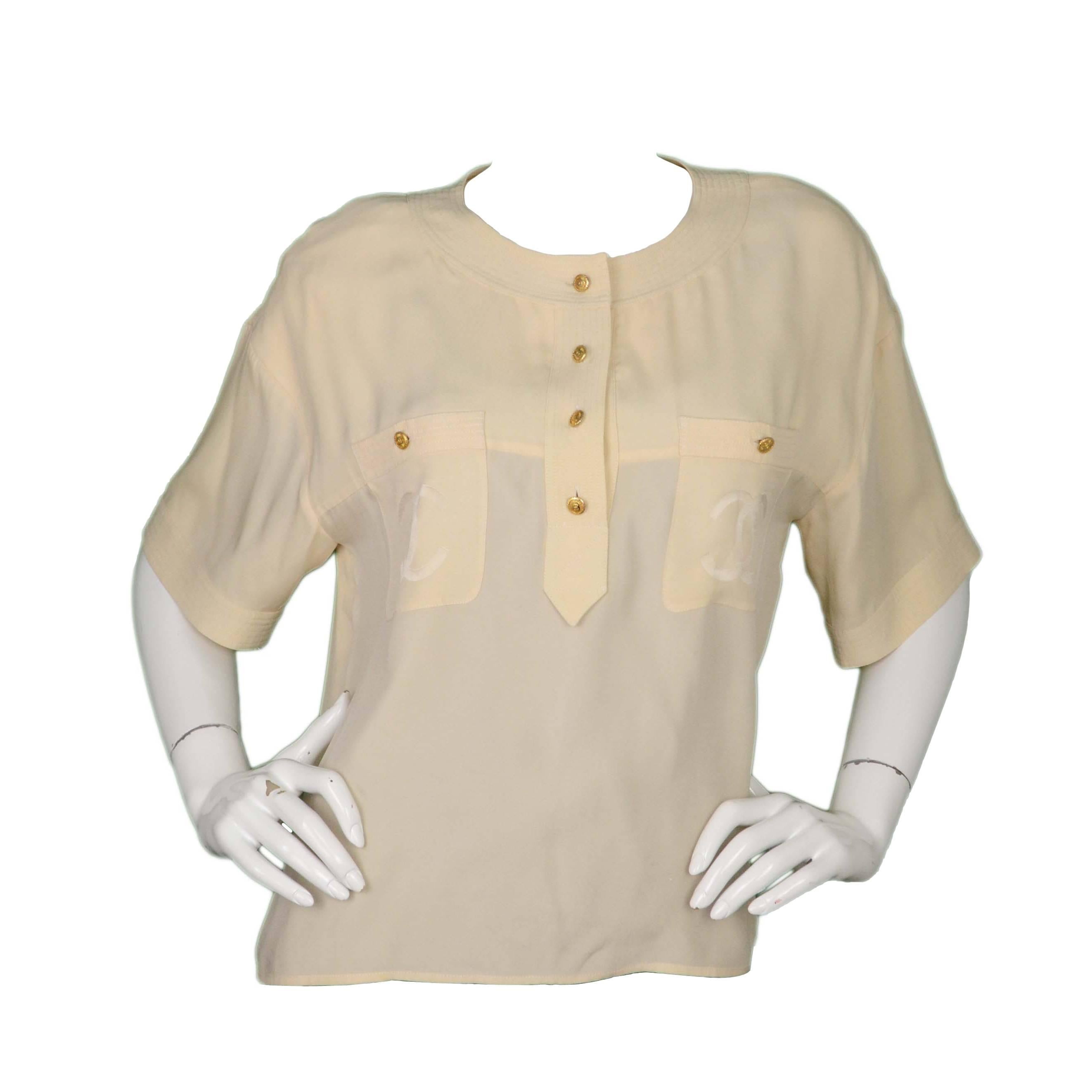 Chanel Vintage Cream Silk Button Down Blouse sz 36