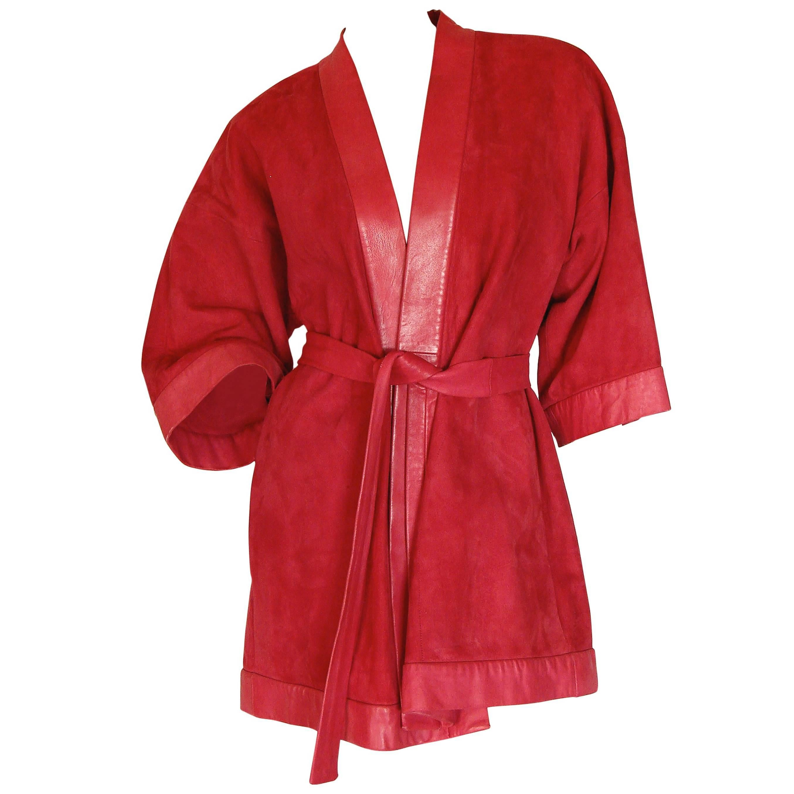 Bonnie Cashin Cherry Red Suede Kimono with Leather Trim and Belt, 1960s