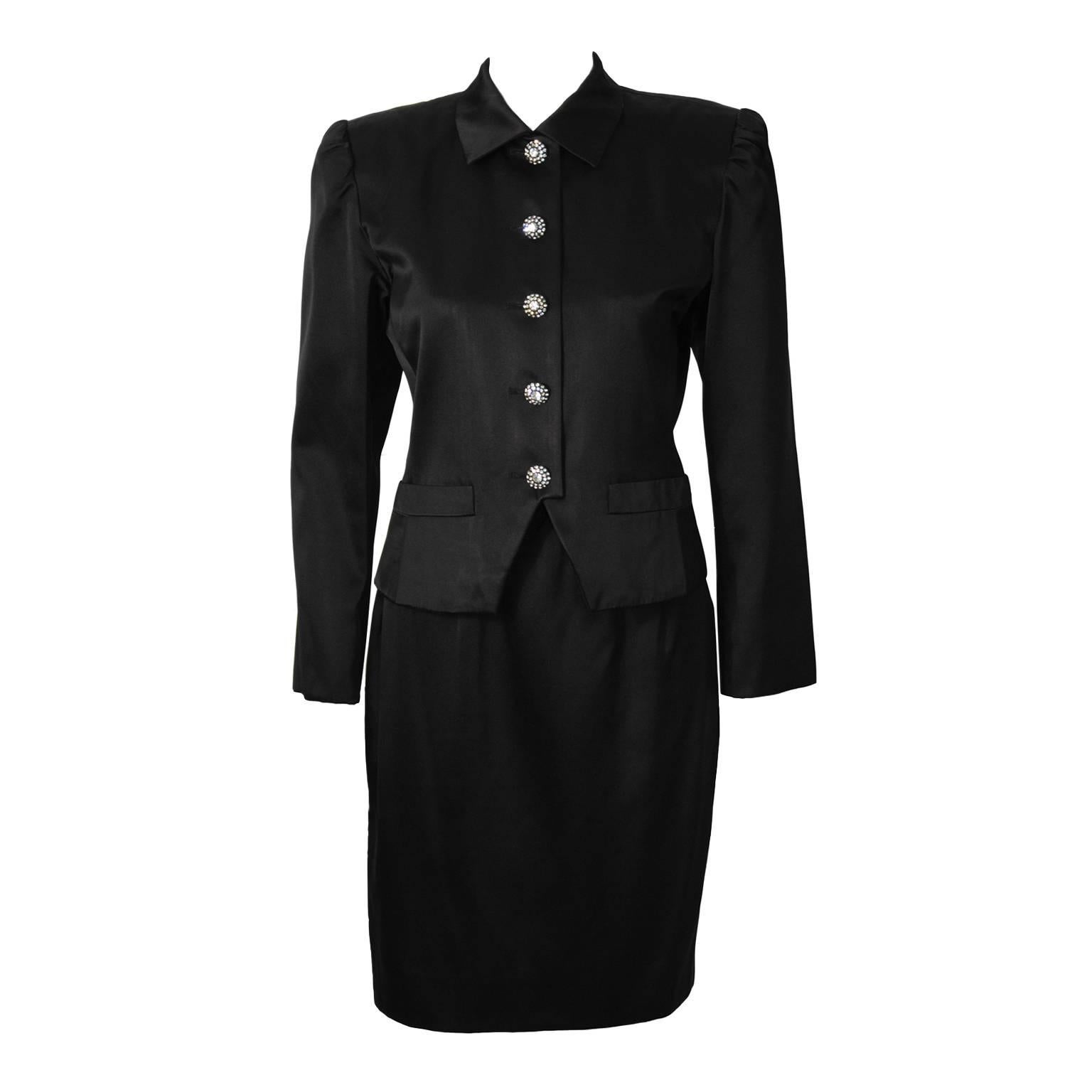 1980's Yves Saint Laurent YSL Black Satin Suit with Rhinestone Buttons For Sale