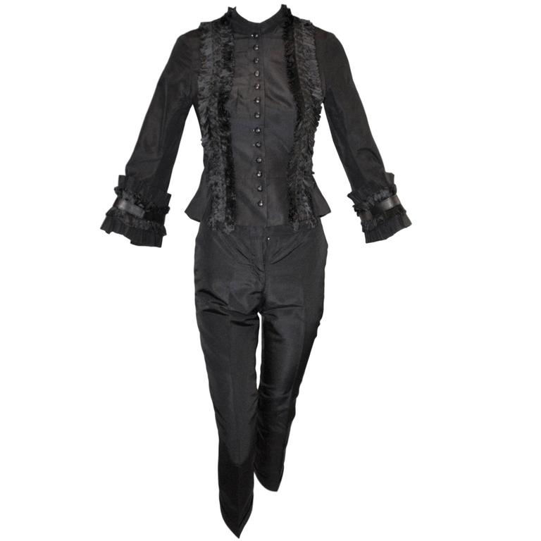 Download A/W 2002 Alexander McQueen Savage Beauty Met Fringe Jacket Pant Suit For Sale at 1stdibs