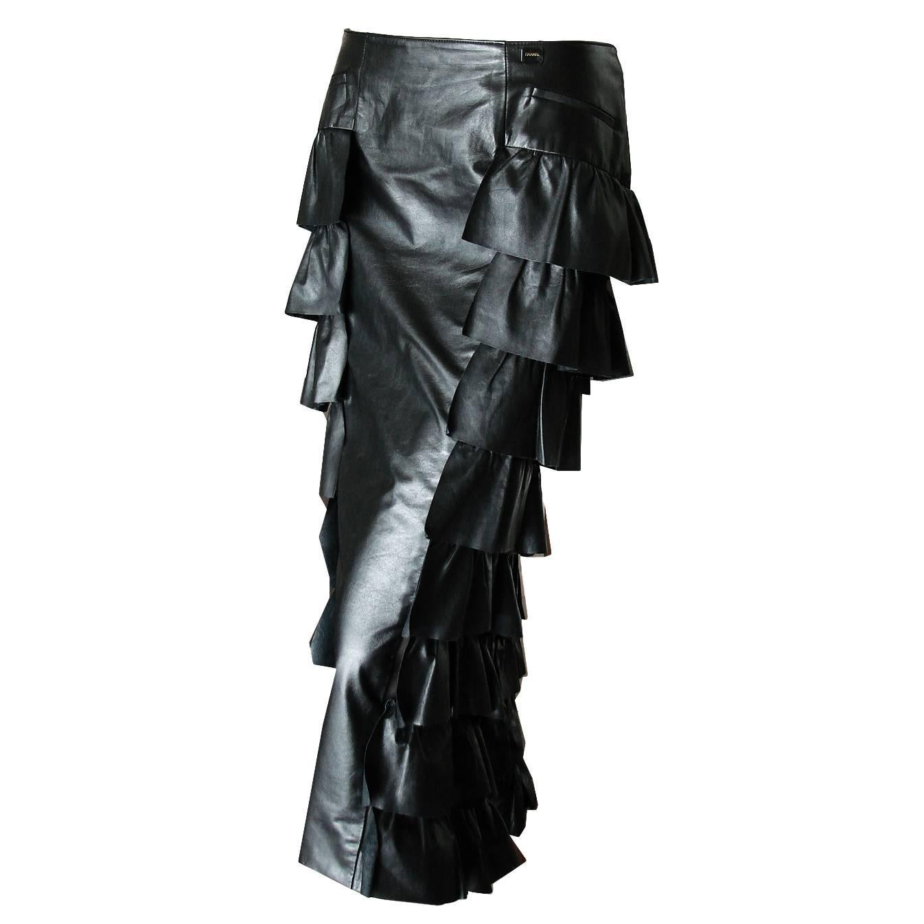 Chanel Black Leather & Sheer Panel Ruffled Maxi Skirt Fall 01A Size 40 