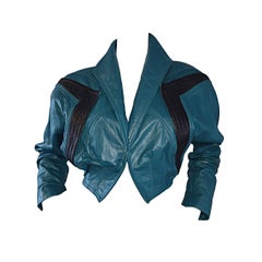 Avant Garde Kelli Kouri Leather Vintage Teal Blue + Black Cropped Bolero Jacket