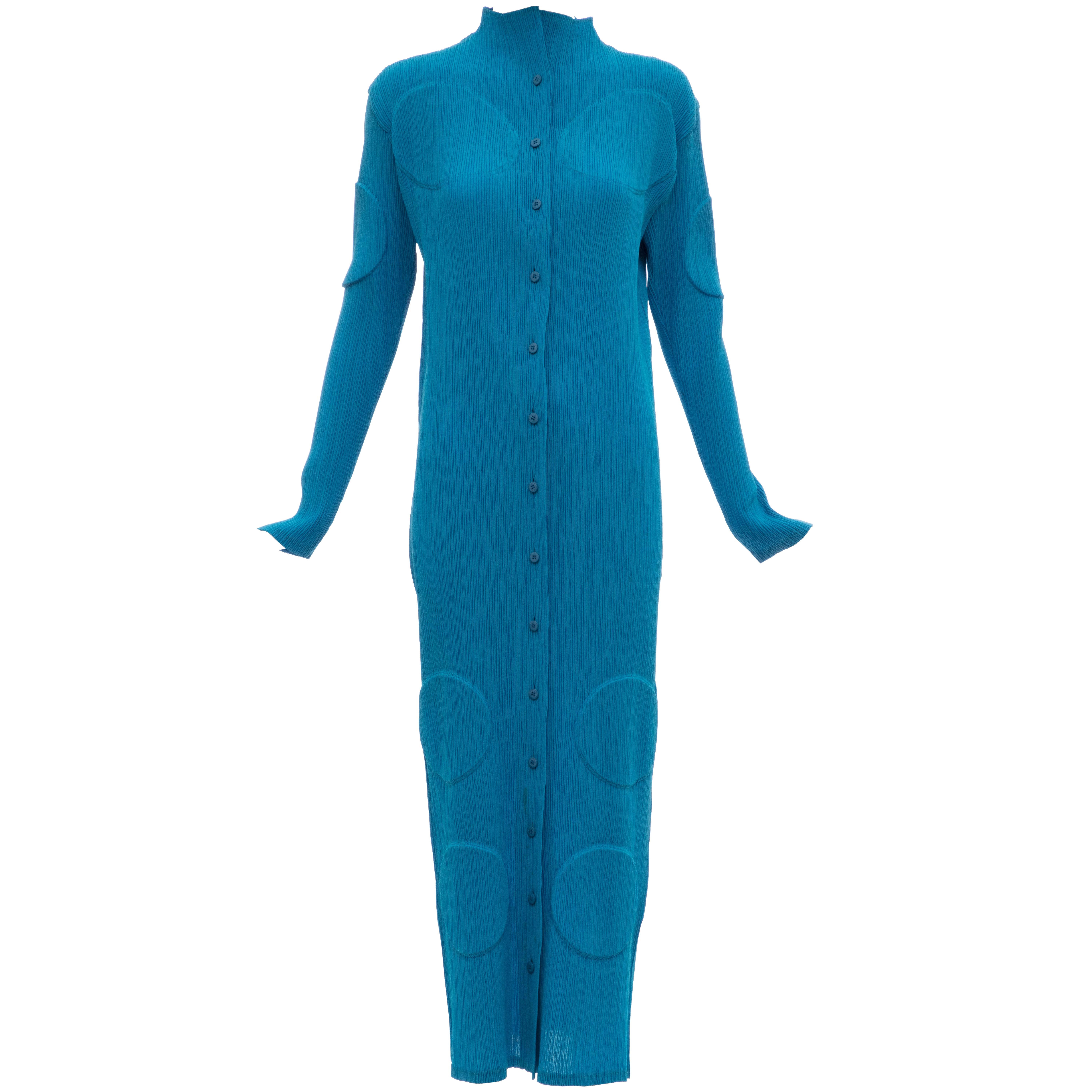 Issey Miyake Turquoise Long Button Front Cardigan, Circa 1990s For Sale