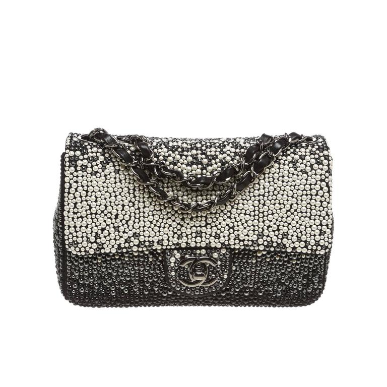 Chanel Black and White Pearl Flap Handbag For Sale at 1stDibs