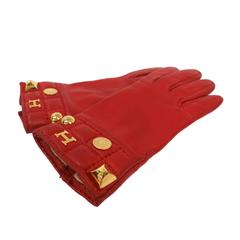 Vintage Hermes Red Leather Gold Hardware H Gloves