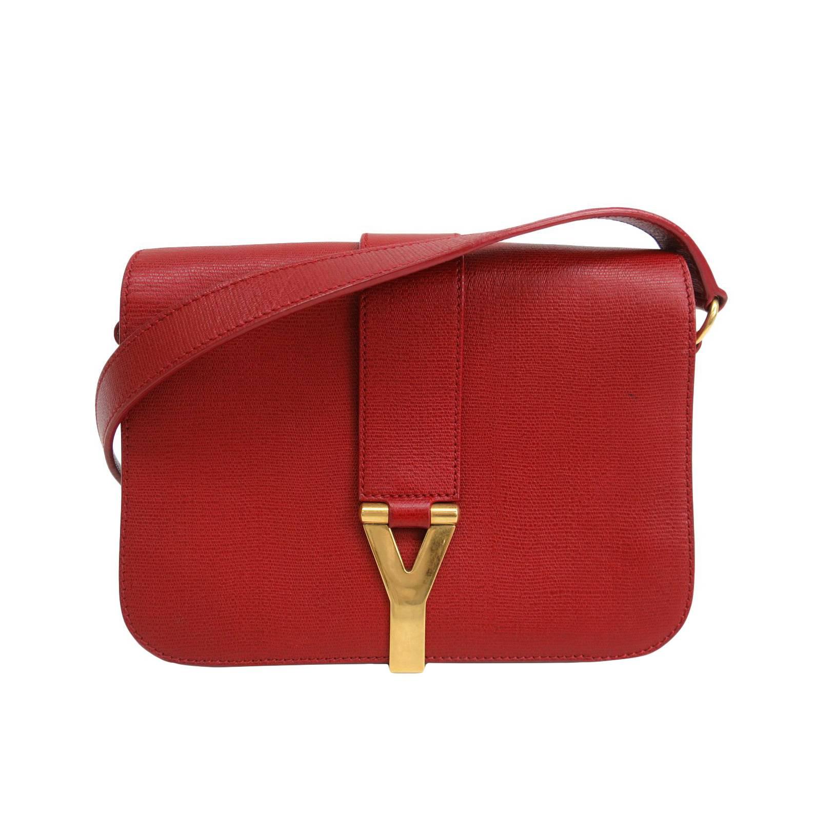 Yves Saint Laurent (YSL) Chyc Y Red Leather Gold Hardware Crossbody Shoulder Bag