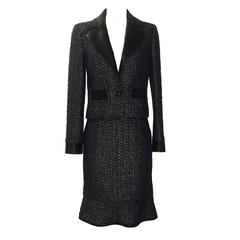 Chanel 02A with Tags Navy Metallic Boucle Skirt & Jacket Suit with Leather Trim