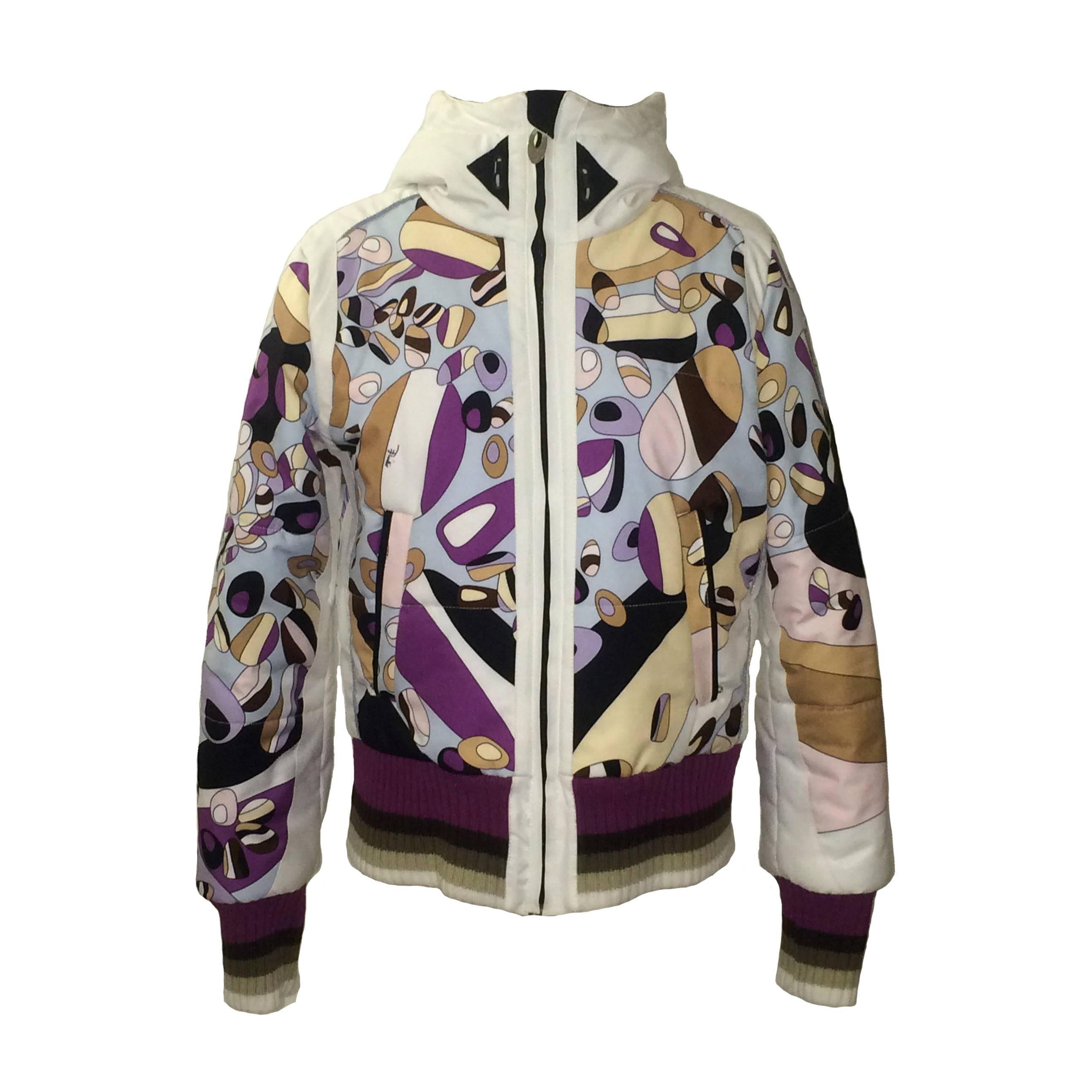 Emilio Pucci für Rossignol Pucci Print Winter Skijacke mit Kapuze und Strickbesatz