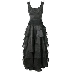 Valentino Black Organza Silk Floral Pattern Evening Gown w/Tiered Skirt