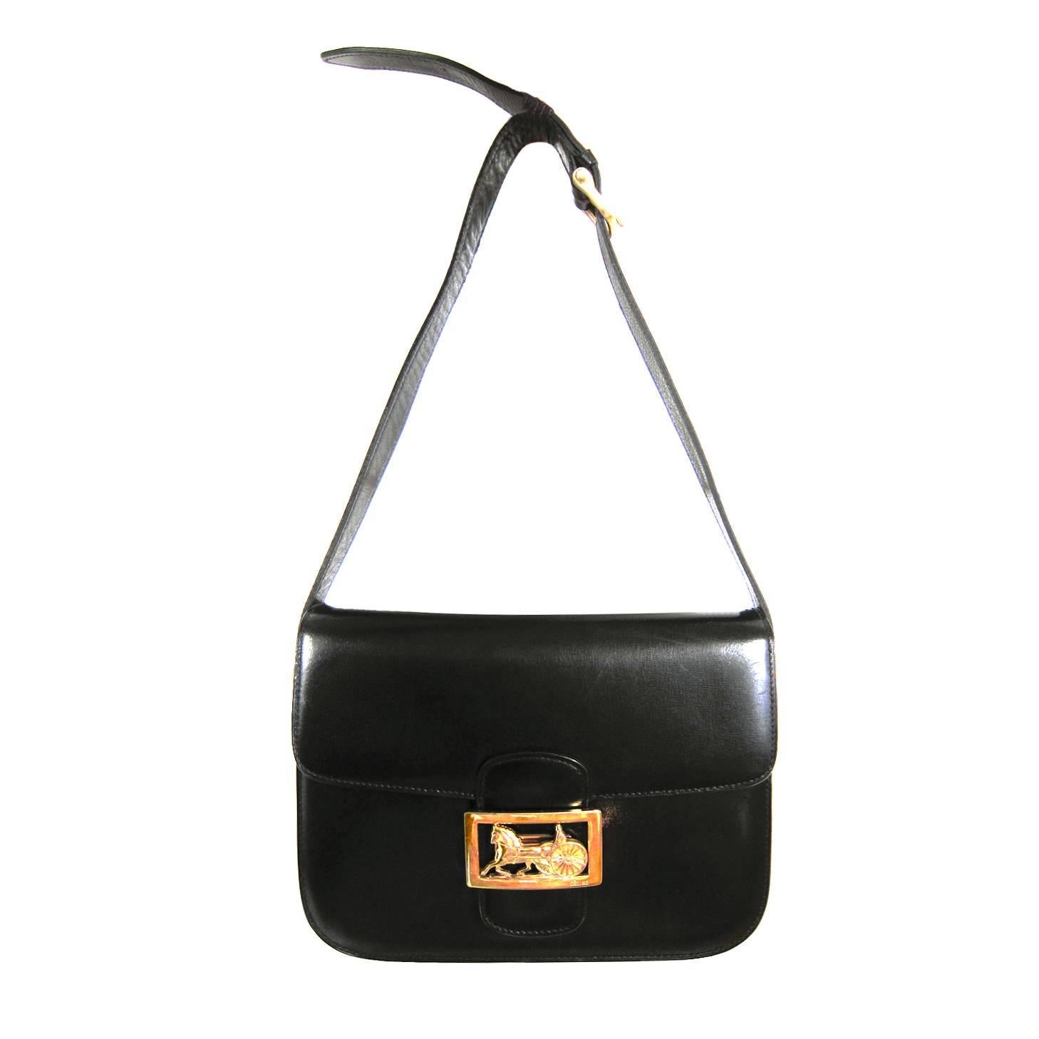 Celine Shoulder Gold Horse Carriage Box Bag 1970s
