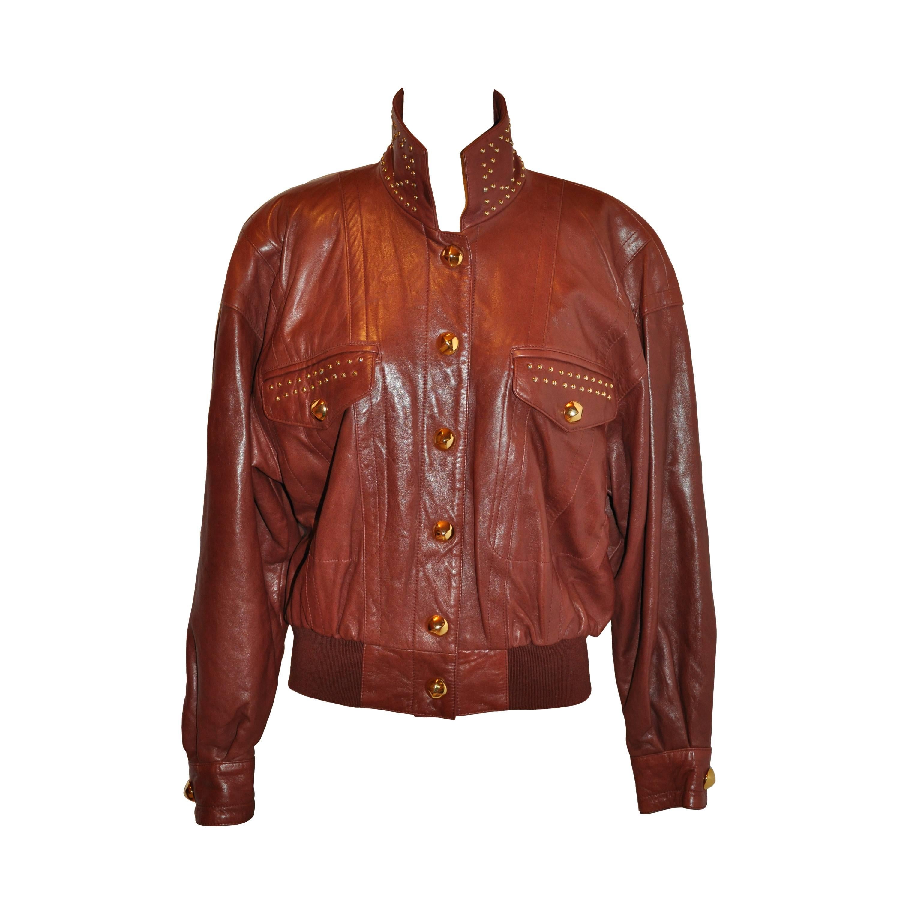 Margaretha Ley for Escada Brick Lambskin w/Gold Studs Snap-Front Jacket For Sale