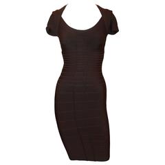 Herve Leger Brown Short Sleeve Horizontal Striped Bandage Dress - S