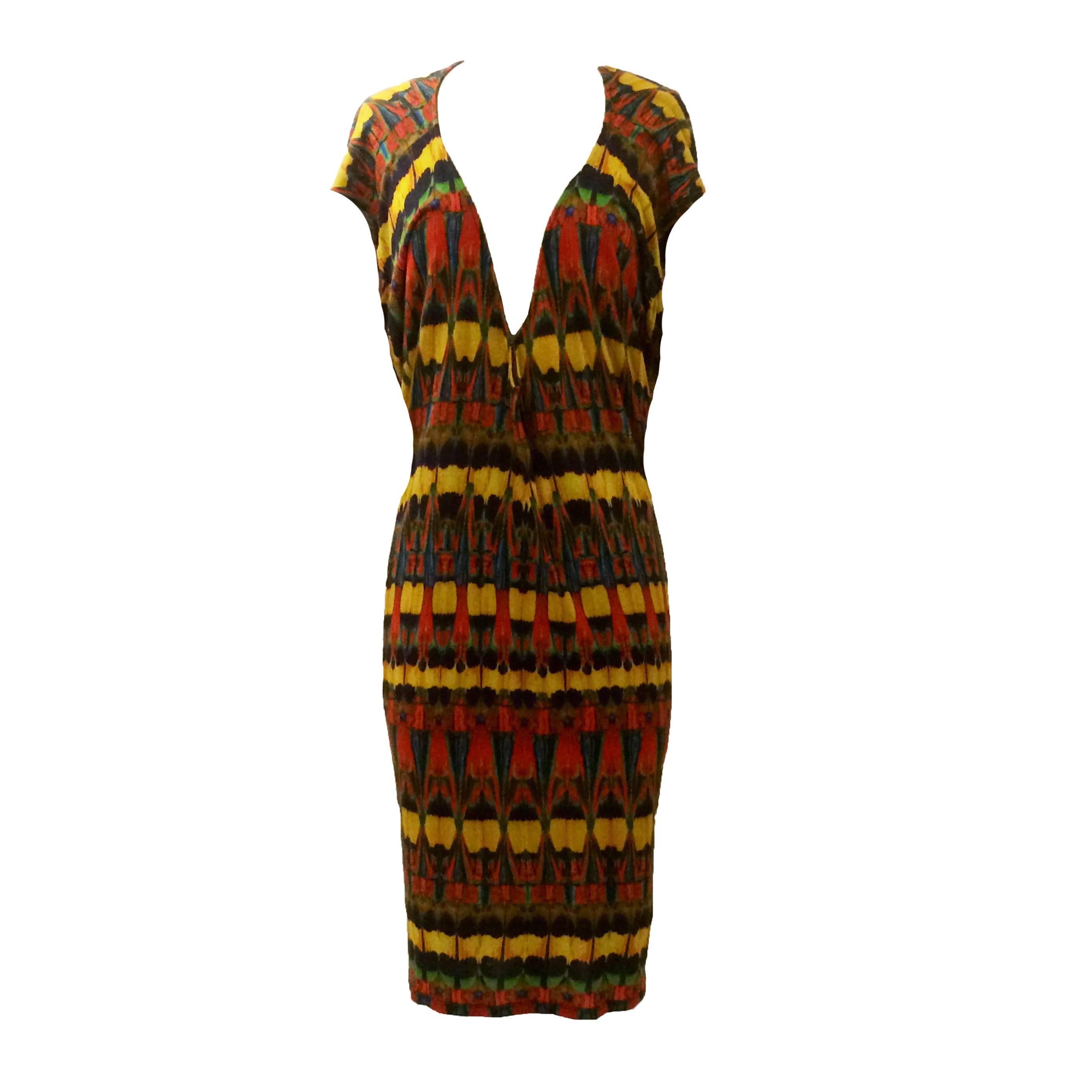 Alexander McQueen Yellow and Red Feather Print Jersey Draped Dress, 2009 