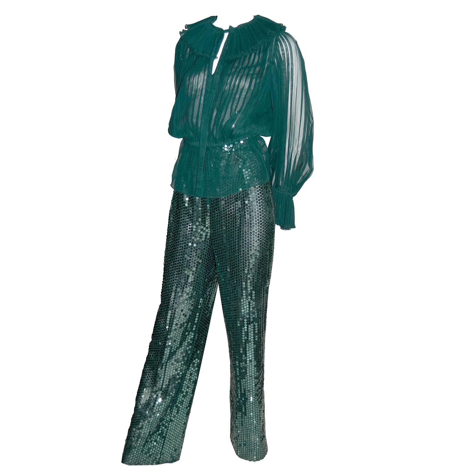 Oscar de la Renta Green Sequin Pants & Keyhole Poet Blouse Evening Outfit 
