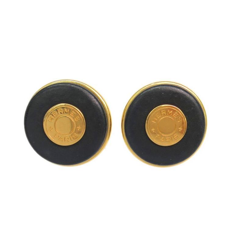 Hermes Black Leather and Gold Tone Hermes Paris Logo Round Earrings at ...