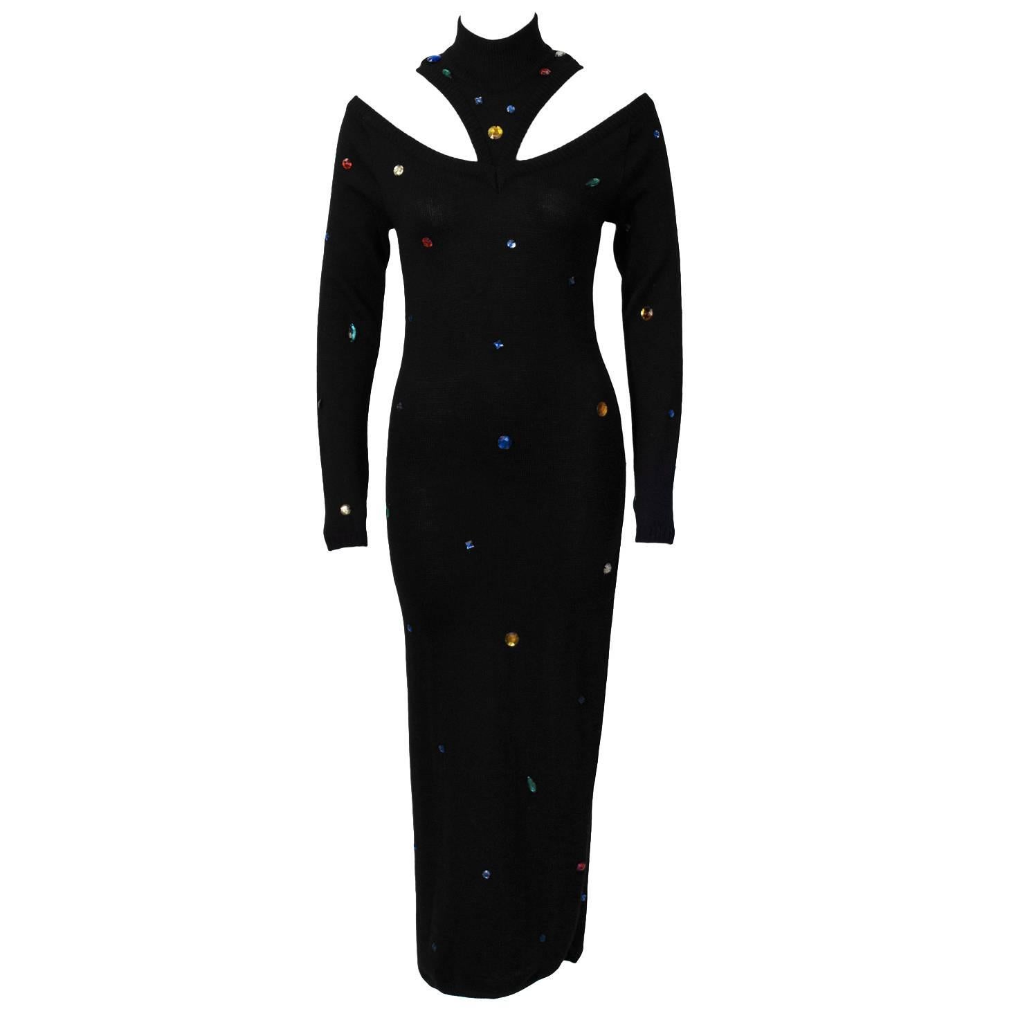 1980's Chantal Thomass Black Knit Cutout Dress with Colorful Jewels