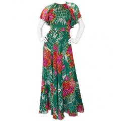 1970s Scott Barrie Pretty Floral Silk Chiffon Backless Dress 12