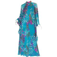 1970s Hanae Mori Flowing Turquoise Silk Chiffon Caftan Dress 8