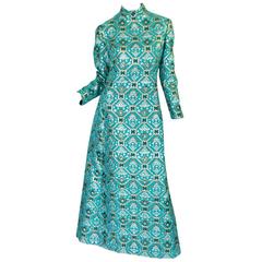 1970s Turquoise & Metallic Ikat Brocade Mollie Parnis Dress