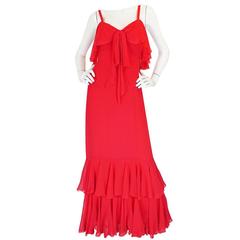 Unworn 1970s Red Silk Chiffon Tiered Ruffle Skirt Dress 9