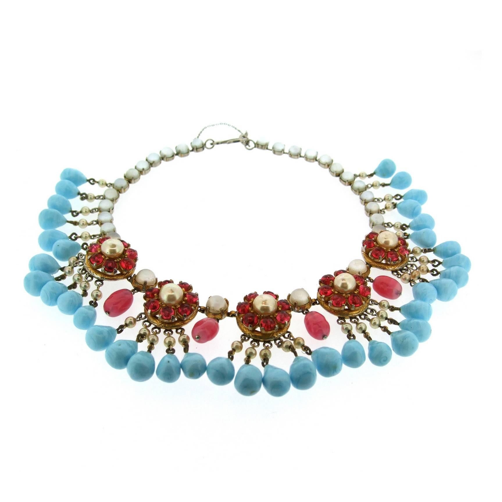 Mitchel Maer for Christian Dior Turquoise Ruby Glass Necklace 1950 For Sale