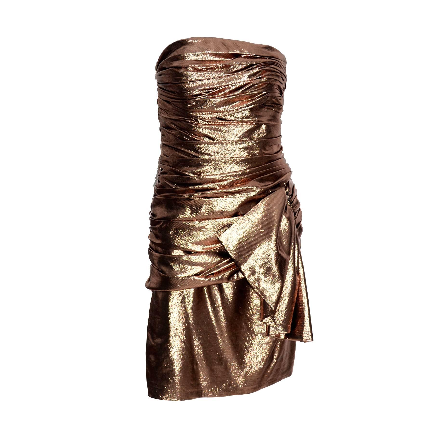 1980s Vicky Tiel Vintage Silk Lurex Metallic Bronze Strapless Dress Size 6