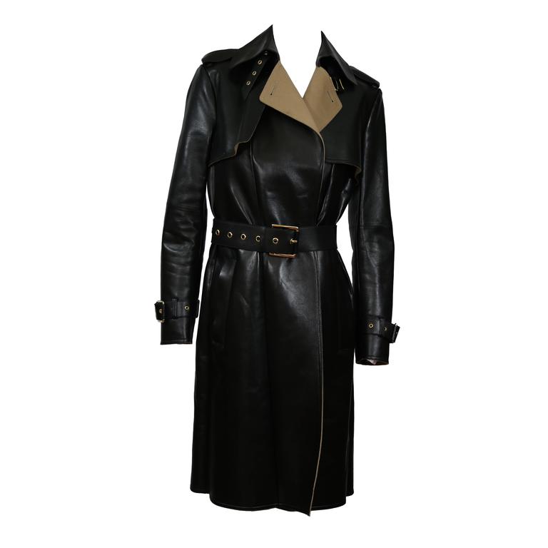 Salvatore Ferragamo Black Leather Belted Coat For Sale at 1stDibs