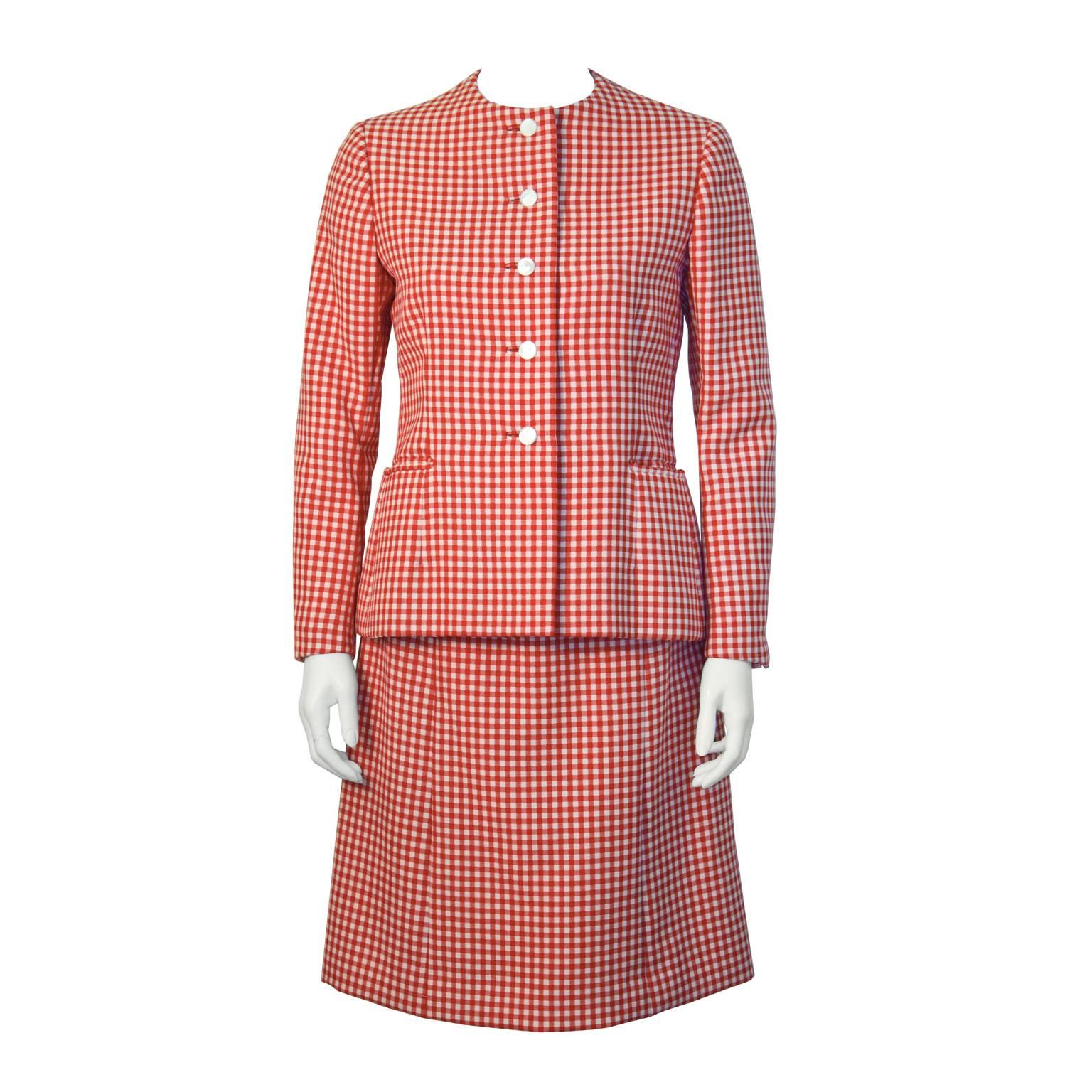 1960s Norell Red and White Gingham Skirt Suit 