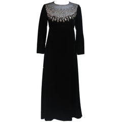 MALCOLM STARR Black Velvet Gown with Sheer Neckline & Rhinestone Applique Size 8