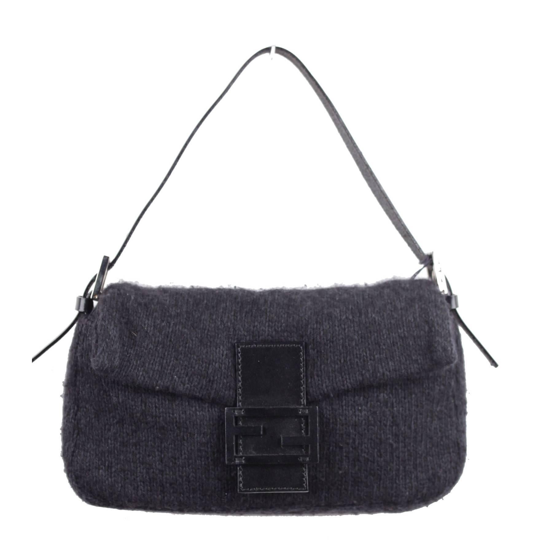 FENDI Italienisch Schwarz CASHMERE Knit BAGUETTE BAG Umhängetasche HANDBAG Geldbörse