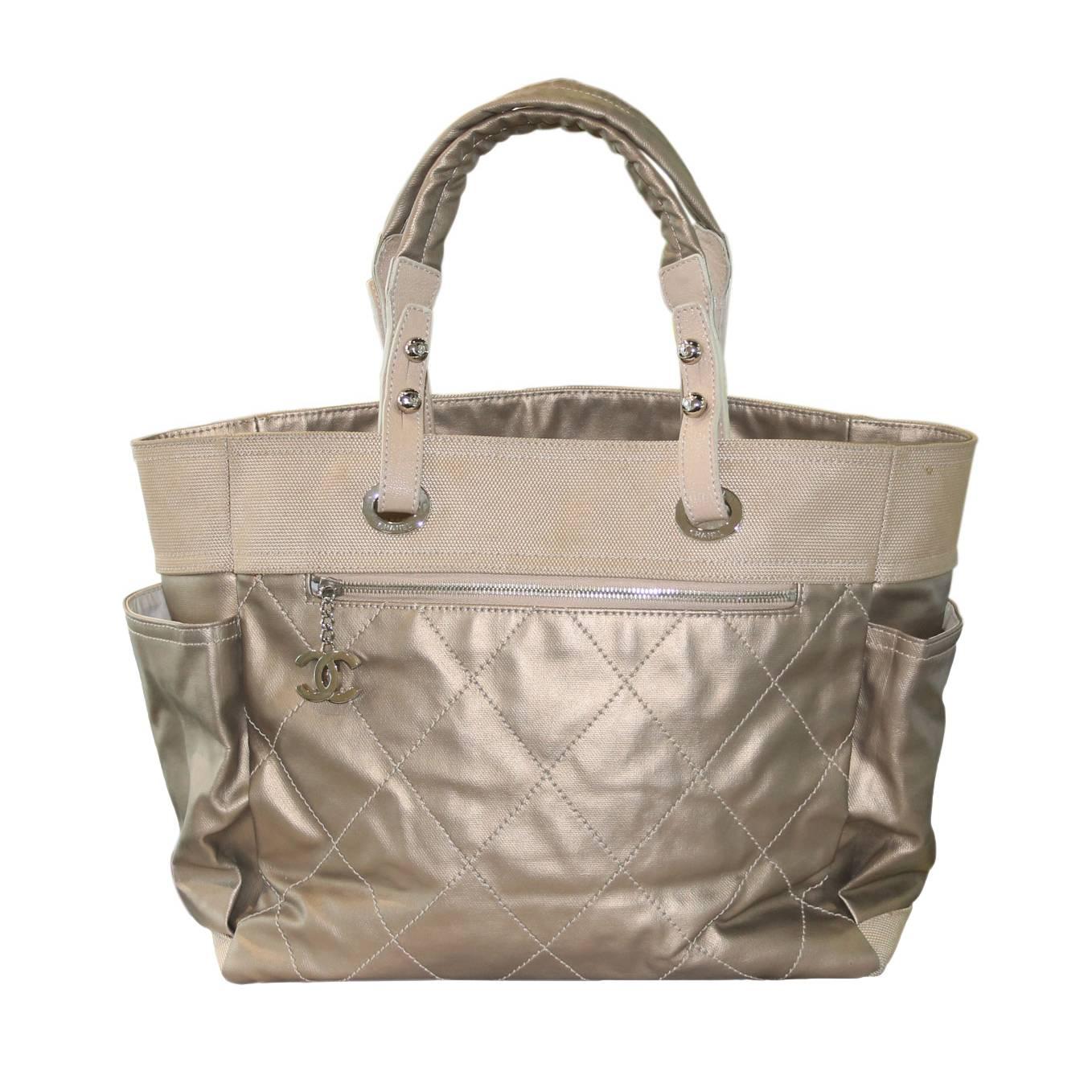 Chanel Gold Coated Canvas & Nylon Biarritz GM Tote No. 11 Handbag Purse For Sale