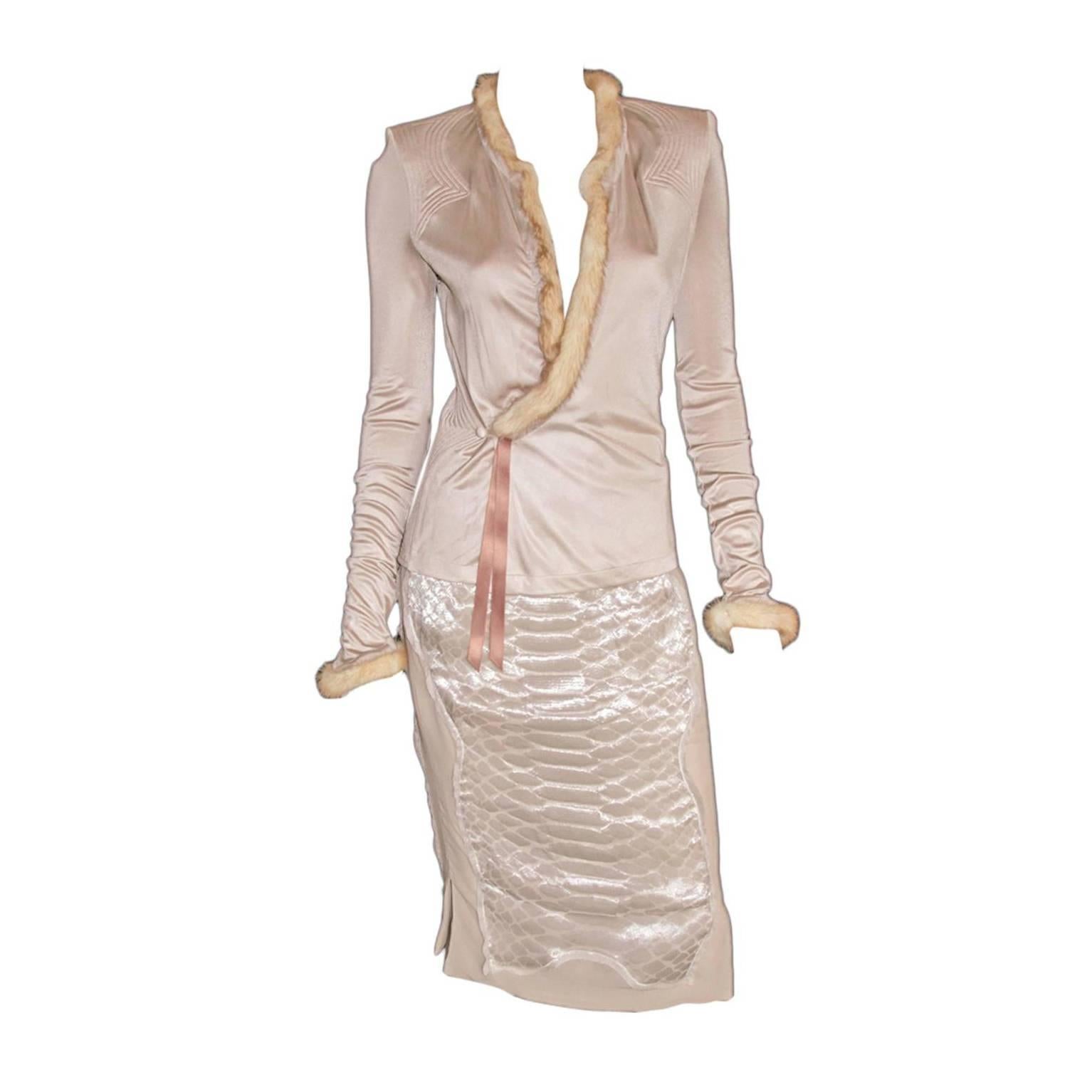 Heavenly Tom Ford YSL Rive Gauche 2004 Nude Silk & Mink Chinoiserie Skirt Suit!