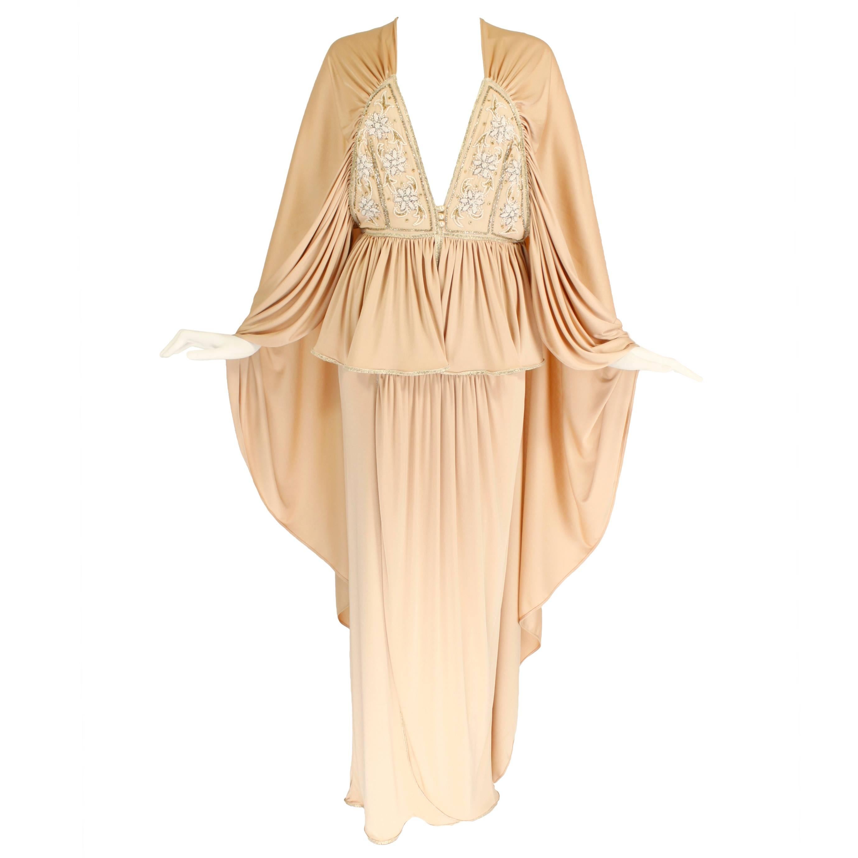 1970s Bill Gibb Ethereal Gown with Floral Beading and Plunging Neckline