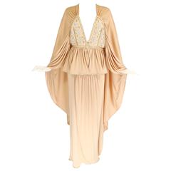 1970s Bill Gibb Ethereal Gown with Floral Beading and Plunging Neckline