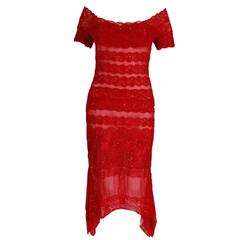 1990s Gianfranco Ferré Red Lace Sequined Off-Shoulder Dress