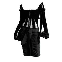 Iconic Tom Ford YSL Rive Gauche FW 2002 Silk Velvet Ribbon Blouse & Skirt! Fr 38