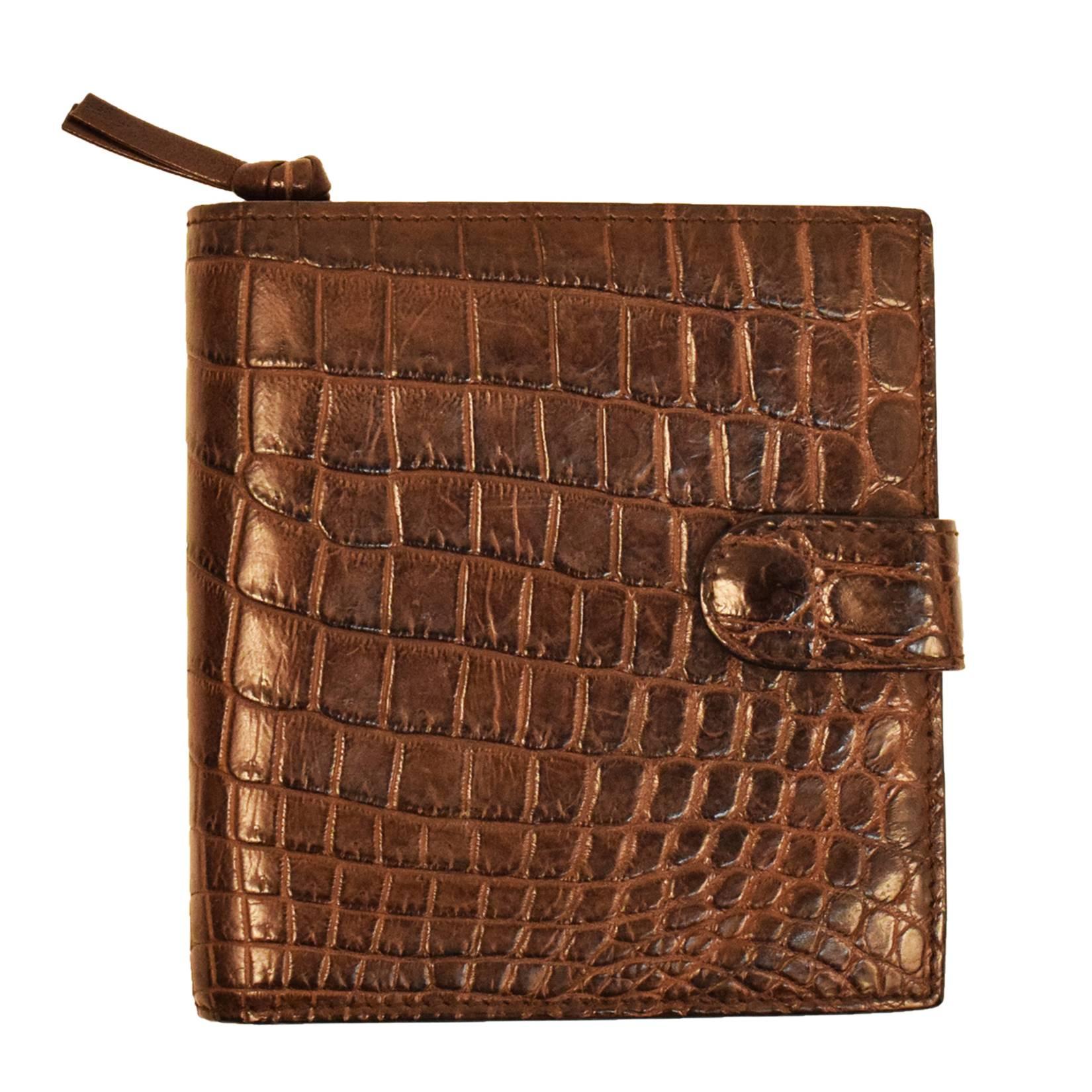 Bottega Veneta Brown Croc Skin Bi Fold Wallet  For Sale