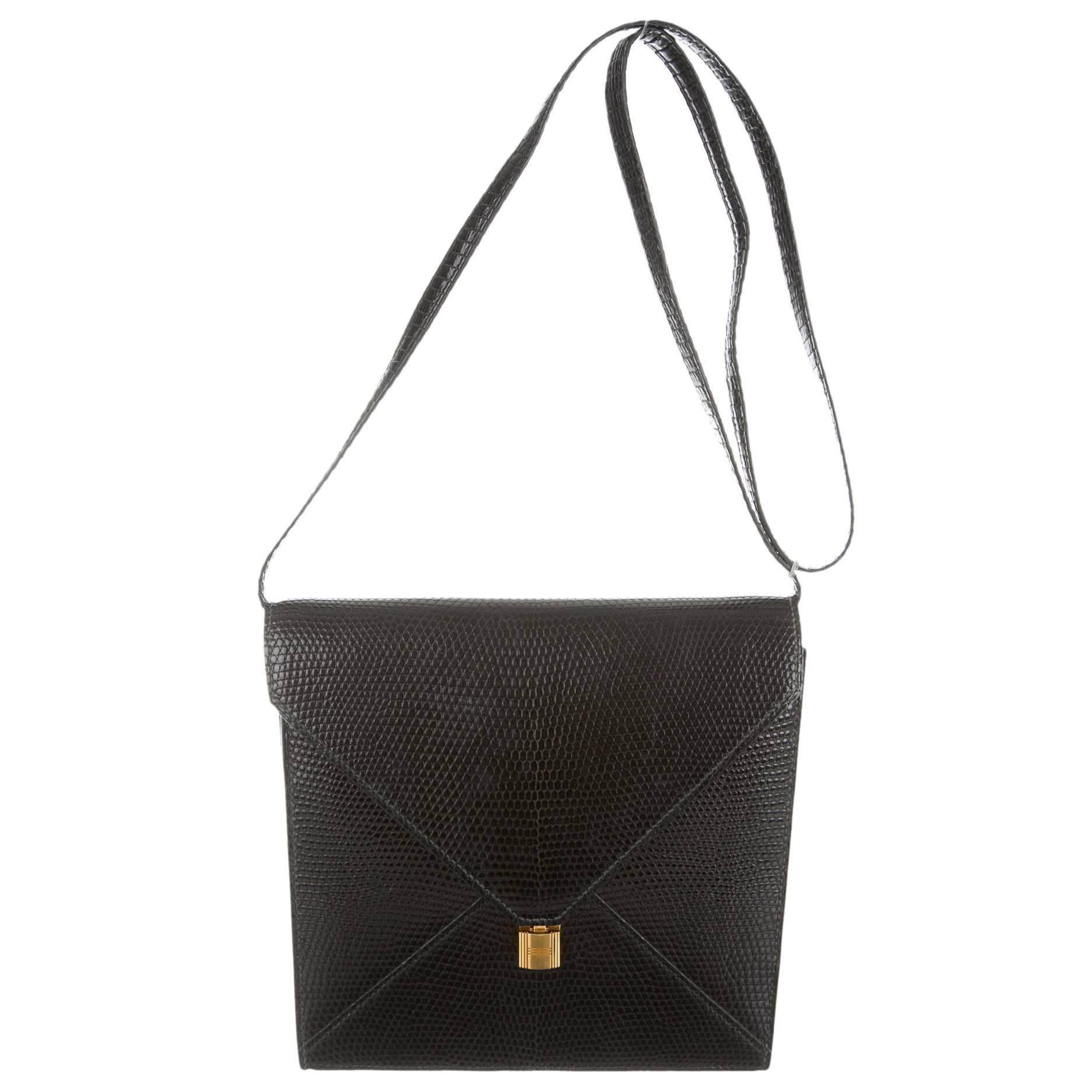 Hermes Black Lizard Leather Kelly Lock Gold Hardware Envelope Shoulder Bag