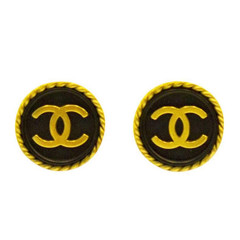 Spring 1995 Chanel Black and Gold Logo Button Earrings