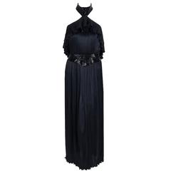 1970's Yuki London Beaded Black Pleated Silk Grecian Goddess Halter-Collar Dress