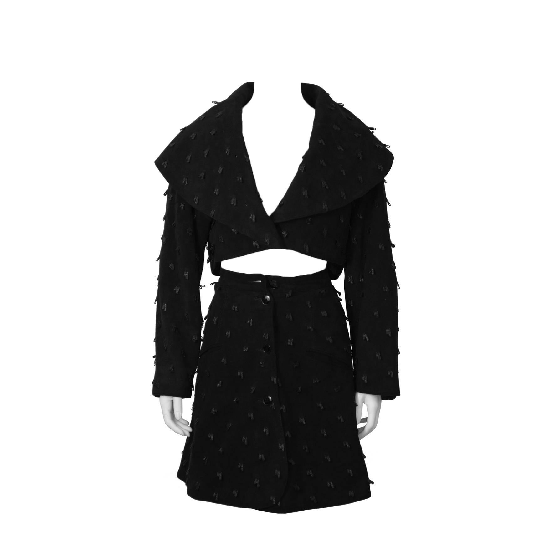 1980's Alaia Black Suede Jacket and Skirt Set