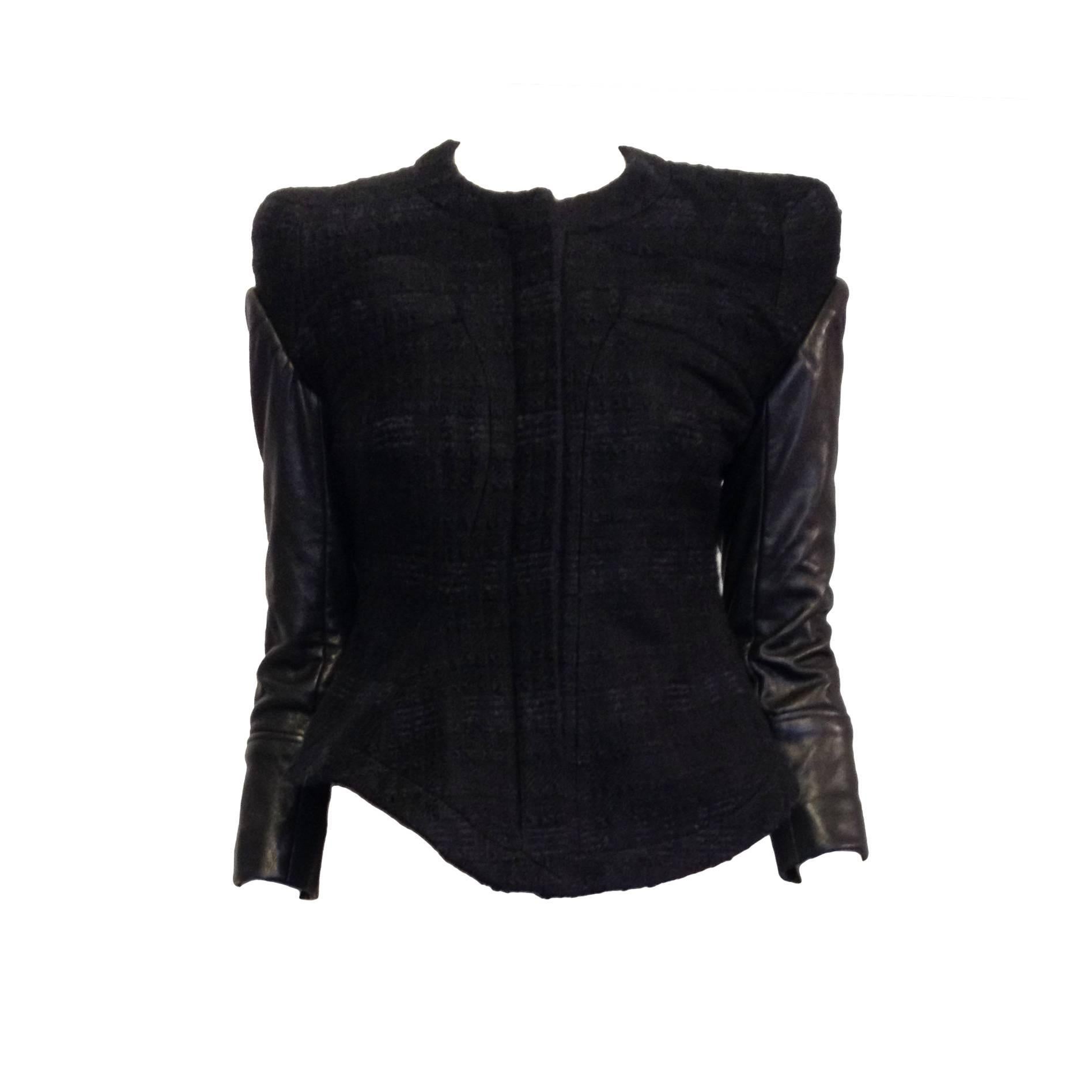 Givenchy Black Tweed Jacket with Leather Sleeves