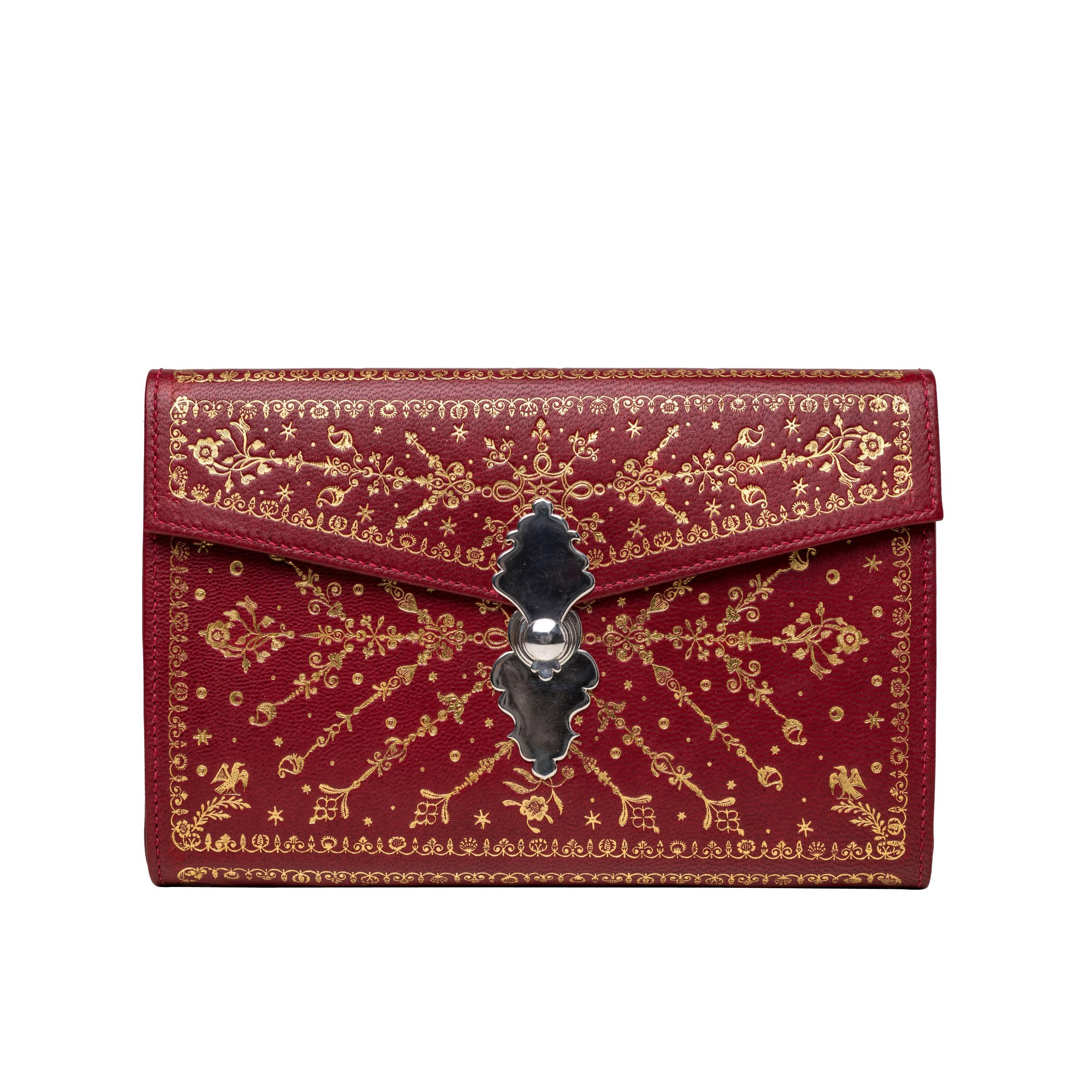 Stanway. Red leather purse hand tooled with gold in eighteenth century style For Sale
