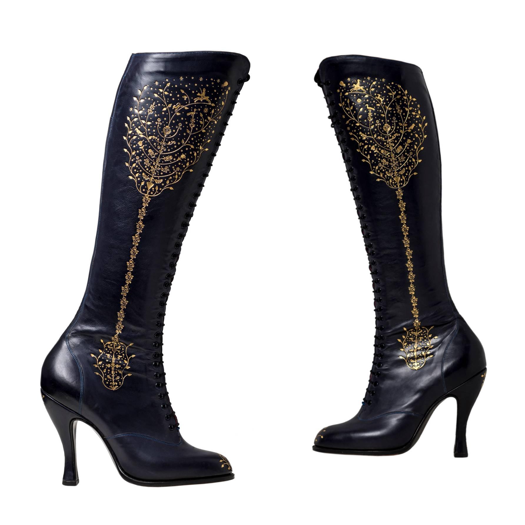 Anastasia. Leather full length lace-up boots hand tooled with 22 carat gold For Sale