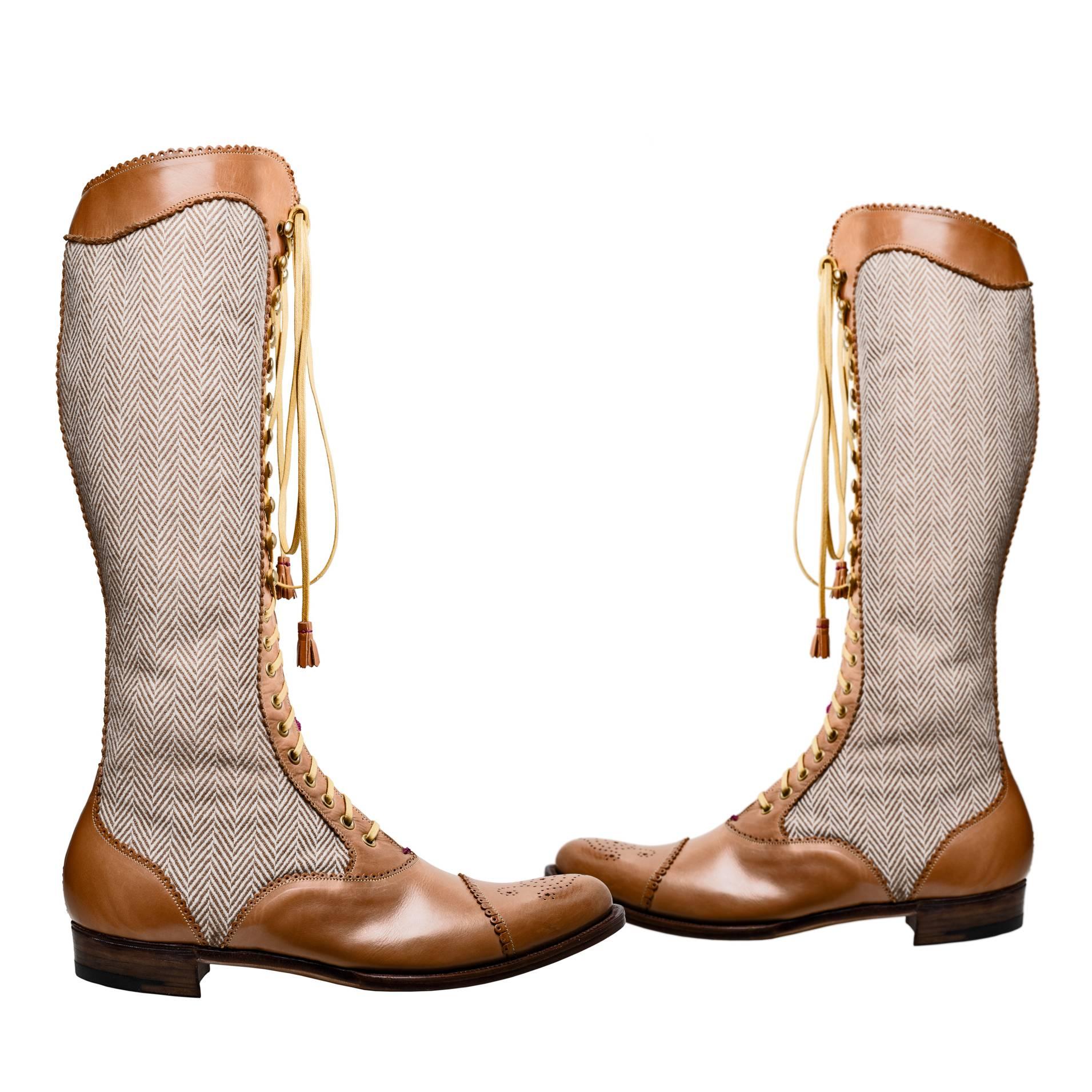 Vita. Full length lace-up leather boots with herringbone wool panels. For Sale