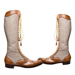 Vita. Full length lace-up leather boots with herringbone wool panels.