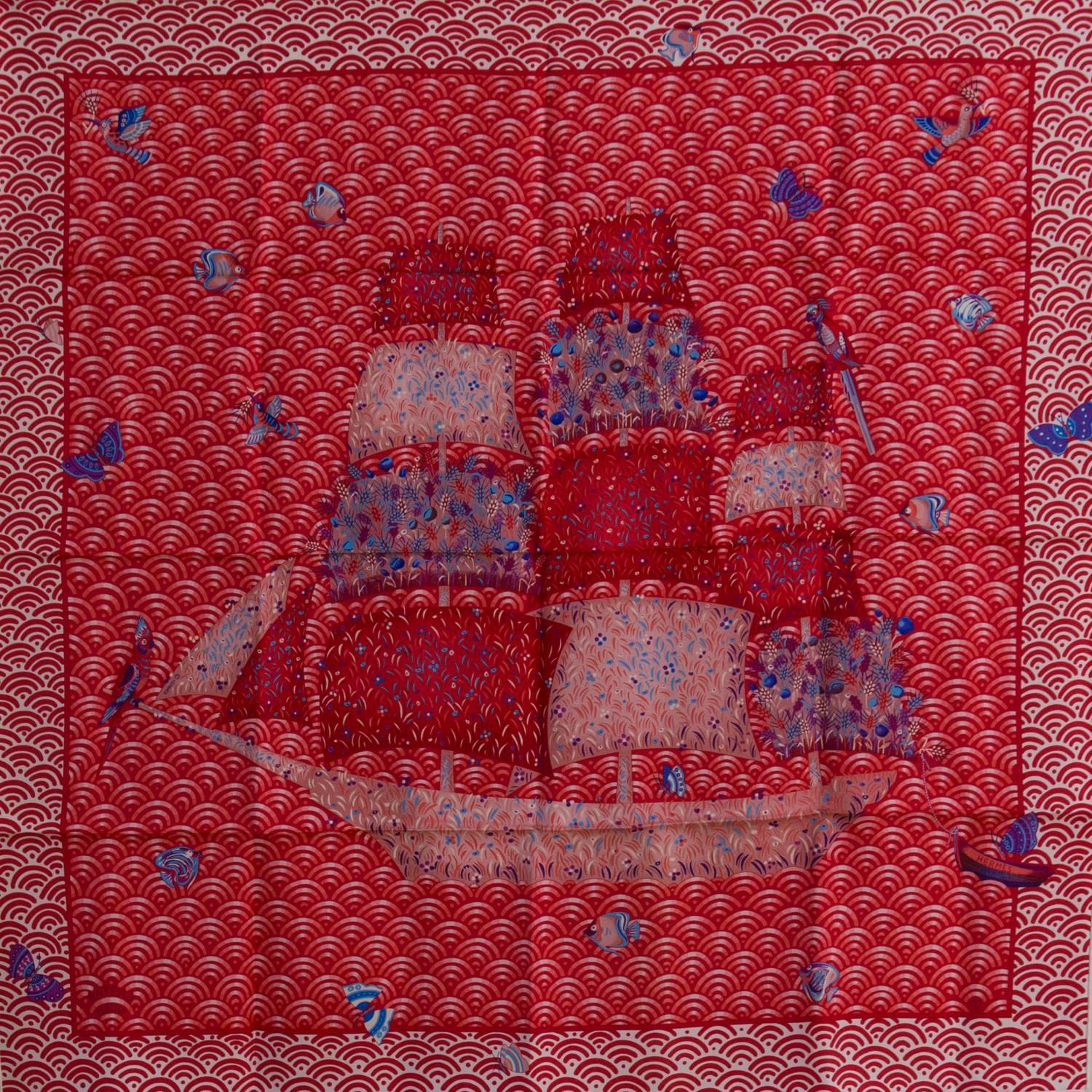 Hermes Carre Twill Bateau Fleuri Red Pink blue 2015