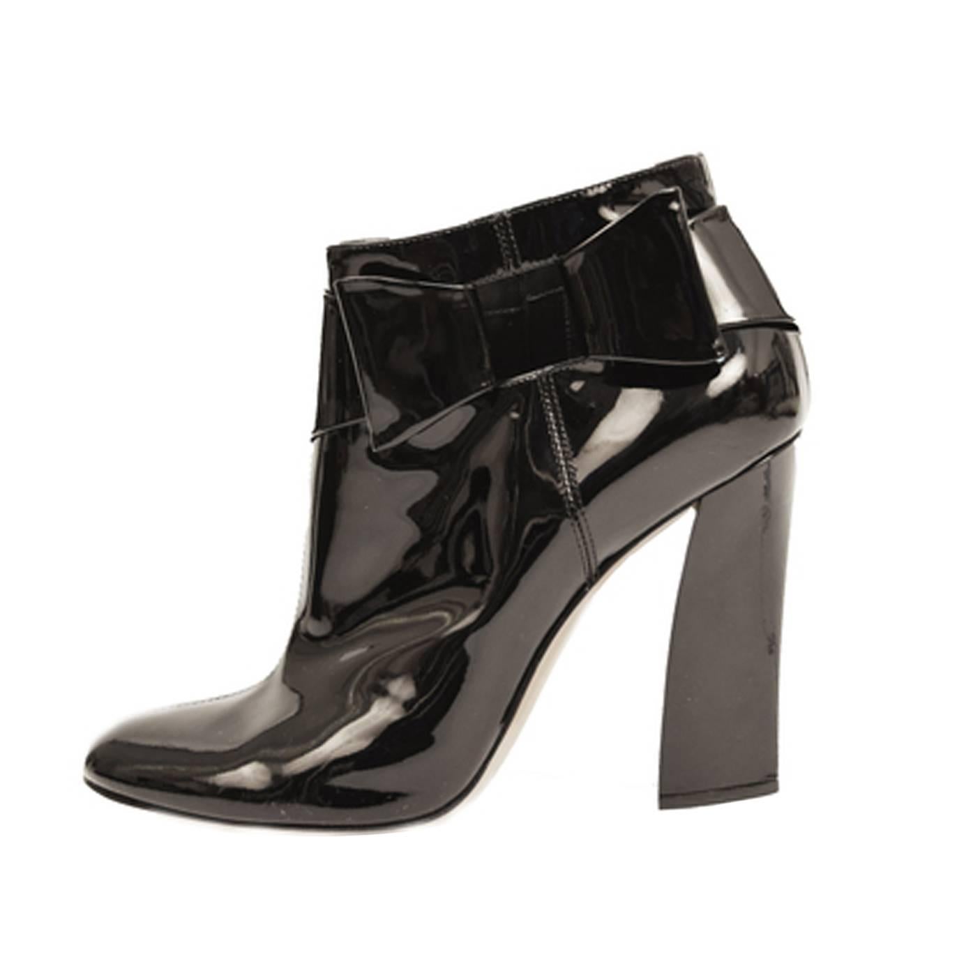Casadei Black Patent Leather Cutout Bow Booties  For Sale