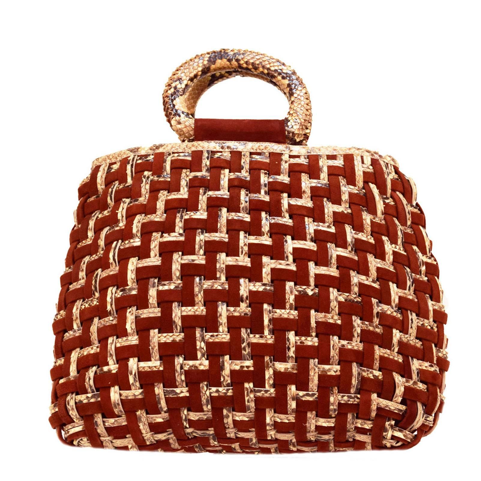 Nancy Gonzalez Merlot Suede and Snakeskin Leather Woven Handbag  For Sale