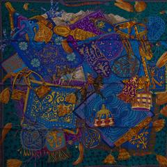 HERMES Carre Twill CAVALIERS DU CAUCASE Silk GREEN, BLUE, GOLD 2015.